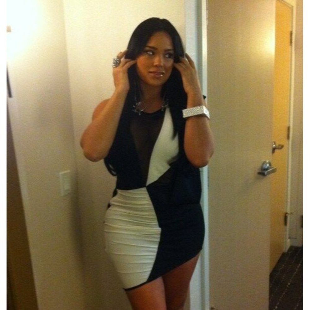 ASOS AQAQ Black White Asymmetric Mesh Plunge Dress - Picture 3 of 4